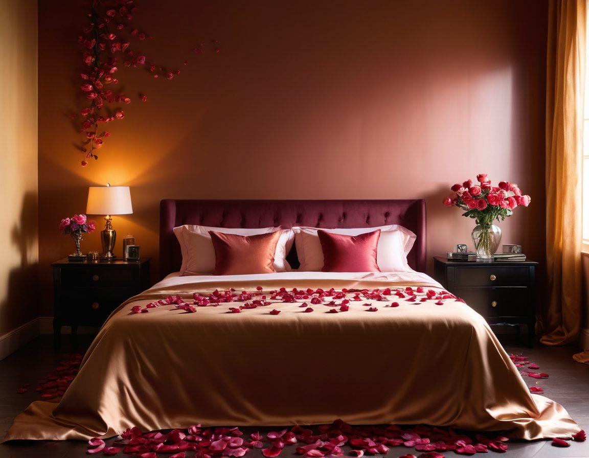A sultry, dimly lit bedroom scene depicting soft silk sheets, scattered rose petals, and an intricately designed vintage film projector casting alluring shadows on the wall. Silhouettes of an intimate couple are visible, showcasing a blend of passion and elegance. The atmosphere is enriched by warm golden tones, creating a sense of sensuality and allure. vibrant colors. super-realistic.